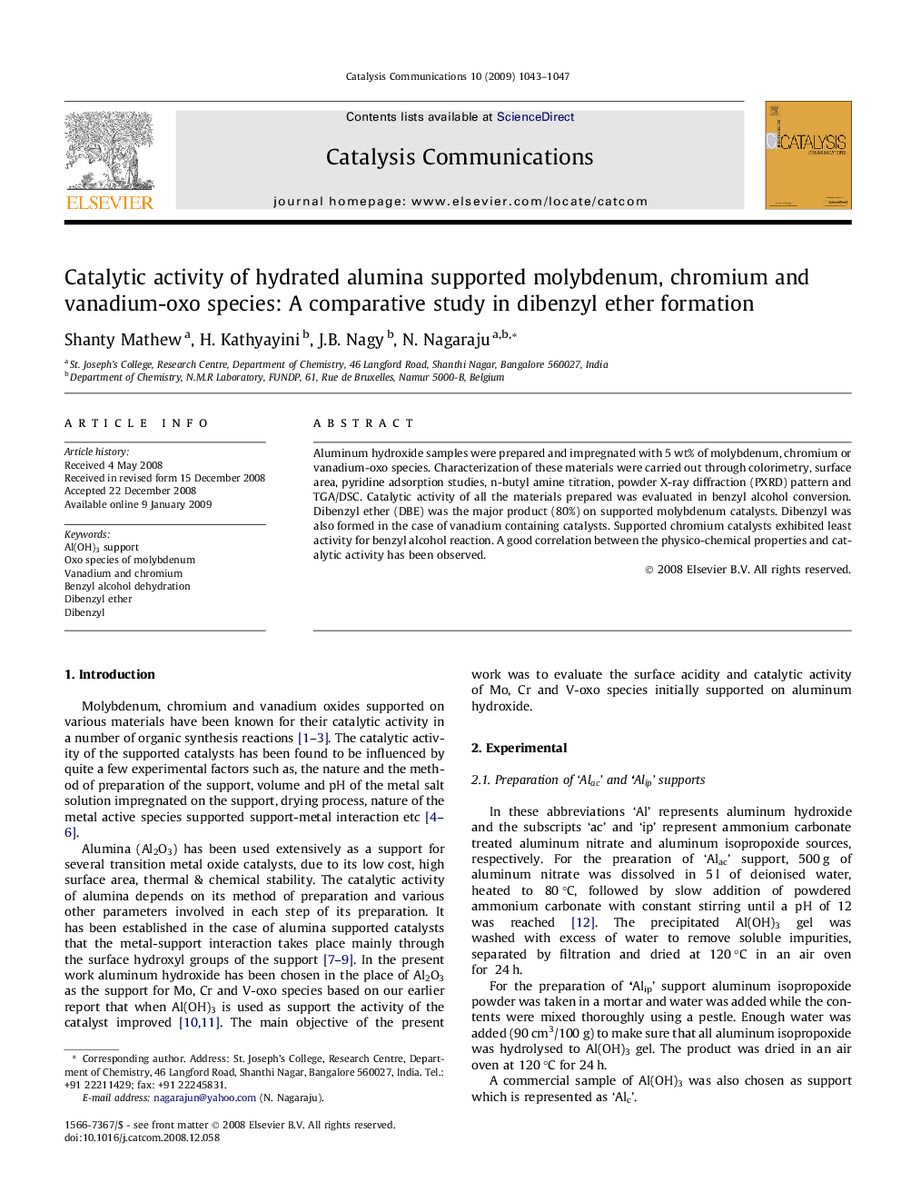 Catalytic activity of hydrated alumina supported molybdenum, chromium and vanadium-oxo species: A comparative study in dibenzyl ether formation