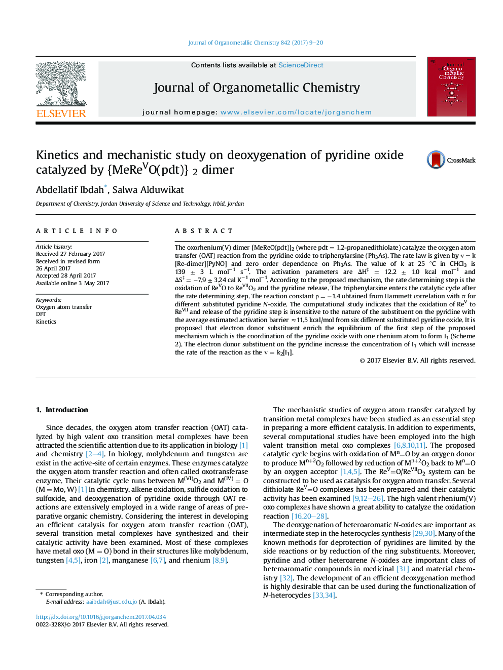 Kinetics and mechanistic study on deoxygenation of pyridine oxide catalyzed by {MeReVO(pdt)} 2 dimer