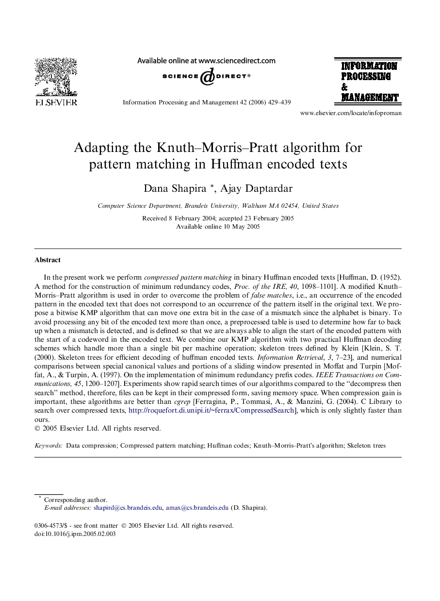 Adapting the Knuth–Morris–Pratt algorithm for pattern matching in Huffman encoded texts