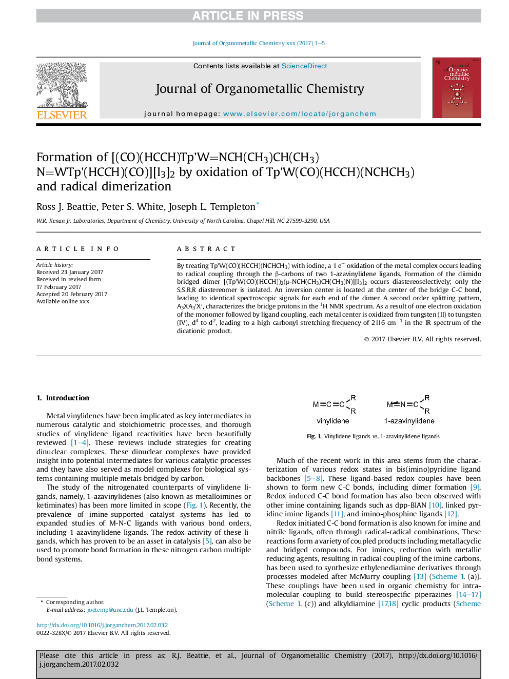 Formation of [(CO)(HCCH)Tp'W=NCH(CH3)CH(CH3)N=WTp'(HCCH)(CO)][I3]2 by oxidation of Tp'W(CO)(HCCH)(NCHCH3) and radical dimerization