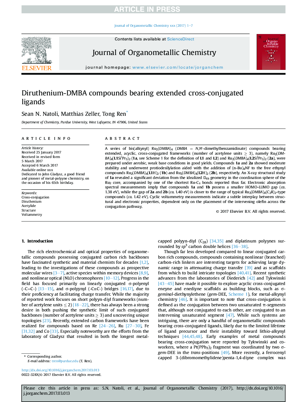 Diruthenium-DMBA compounds bearing extended cross-conjugated ligands