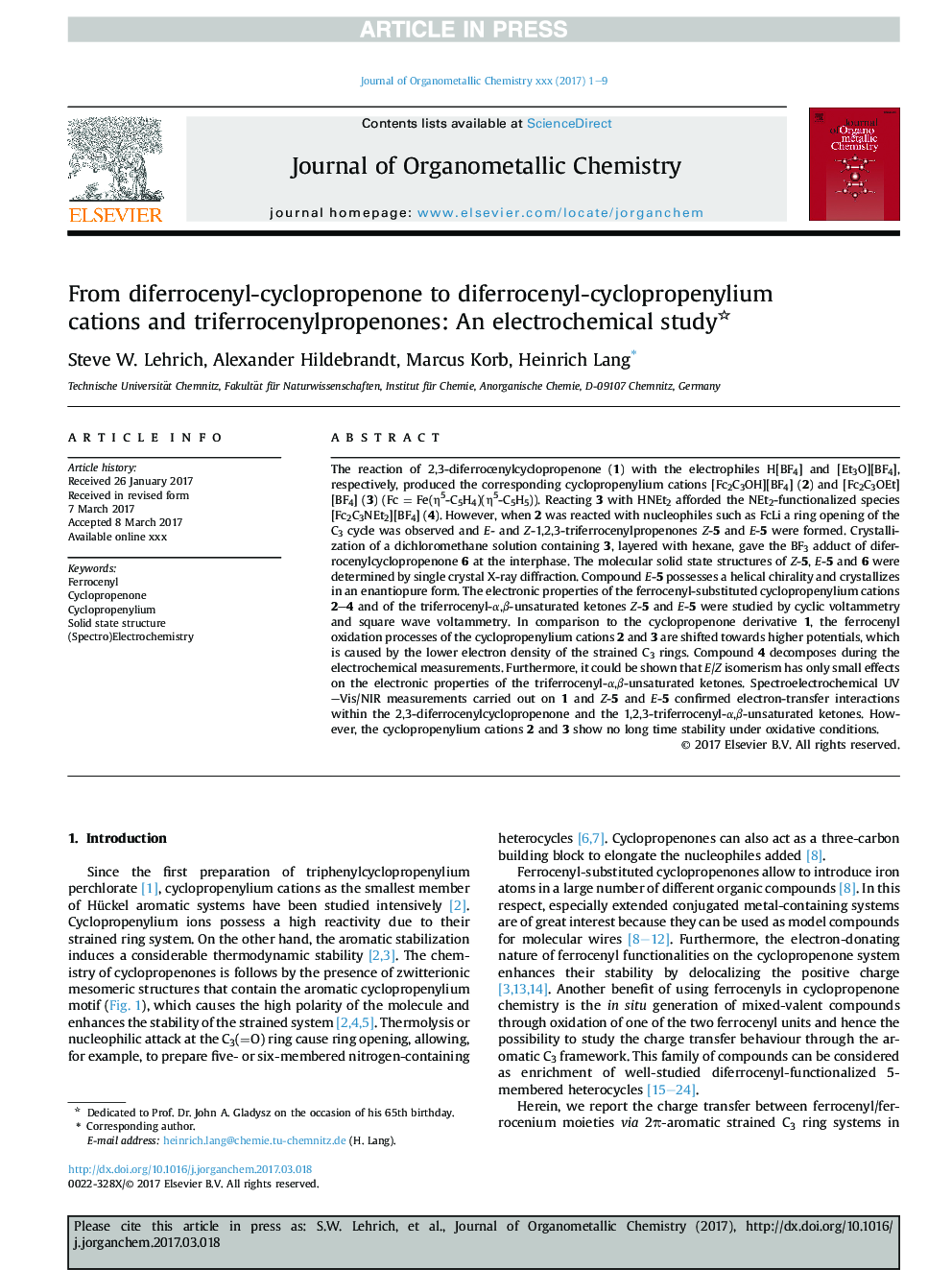 From diferrocenyl-cyclopropenone to diferrocenyl-cyclopropenylium cations and triferrocenylpropenones: An electrochemical study