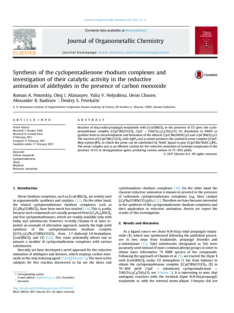 Synthesis of the cyclopentadienone rhodium complexes and investigation of their catalytic activity in the reductive aminationÂ ofÂ aldehydes in the presence of carbon monoxide