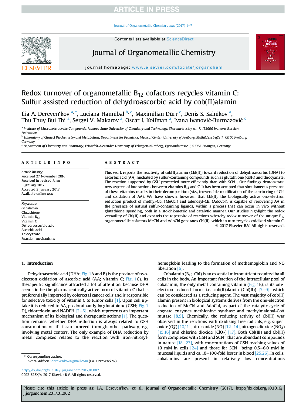 Redox turnover of organometallic B12 cofactors recycles vitamin C: Sulfur assisted reduction of dehydroascorbic acid by cob(II)alamin