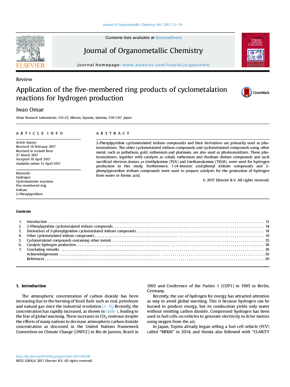 Application of the five-membered ring products of cyclometalation reactions for hydrogen production