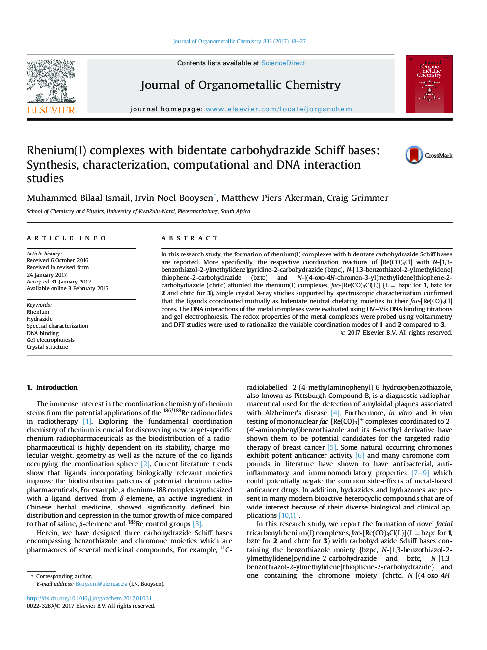 Rhenium(I) complexes with bidentate carbohydrazide Schiff bases: Synthesis, characterization, computational and DNA interaction studies
