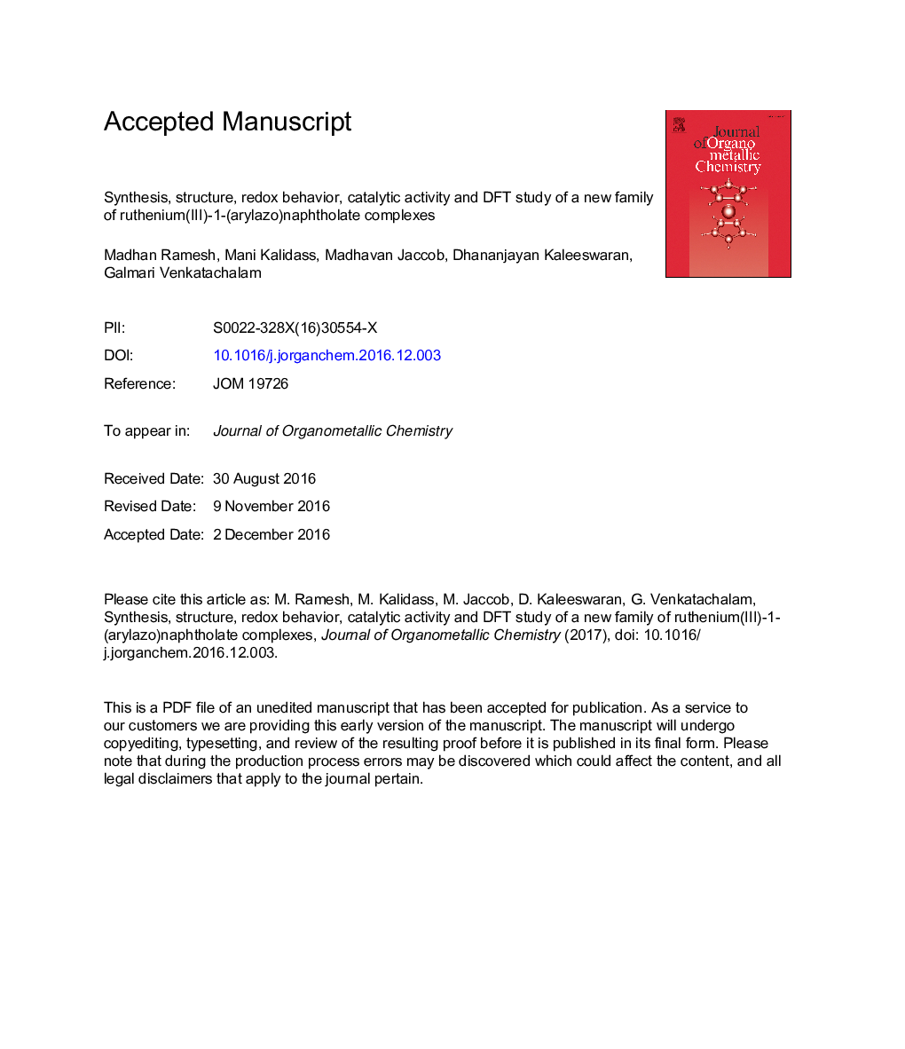 Synthesis, structure, redox behavior, catalytic activity and DFT study of a new family of ruthenium(III)1-(arylazo)naphtholate complexes