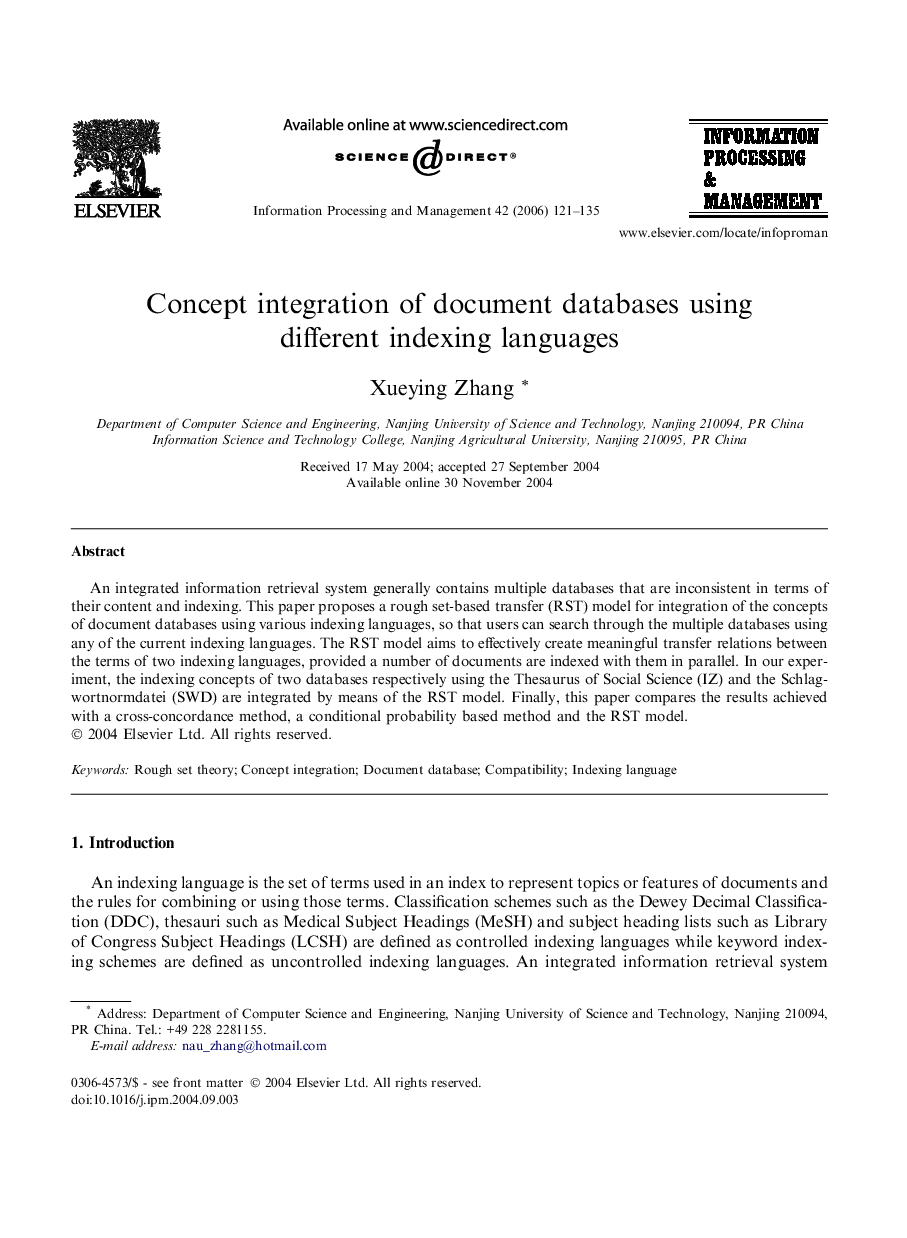 Concept integration of document databases using different indexing languages