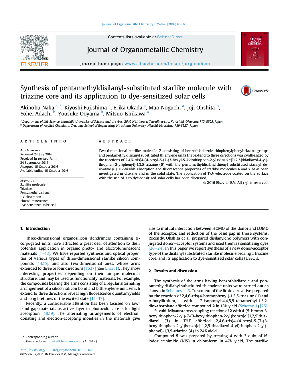 Synthesis of pentamethyldisilanyl-substituted starlike molecule with triazine core and its application to dye-sensitized solar cells