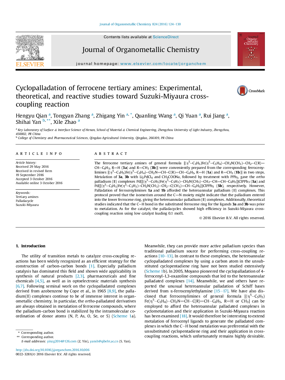 Cyclopalladation of ferrocene tertiary amines: Experimental, theoretical, and reactive studies toward Suzuki-Miyaura cross-coupling reaction