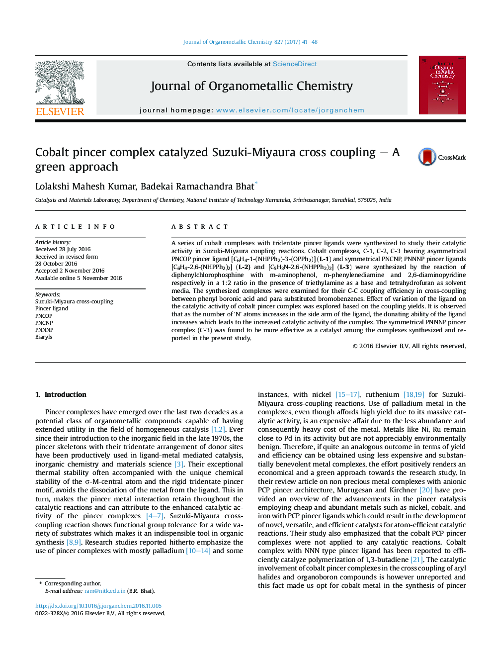 Cobalt pincer complex catalyzed Suzuki-Miyaura cross coupling - A green approach