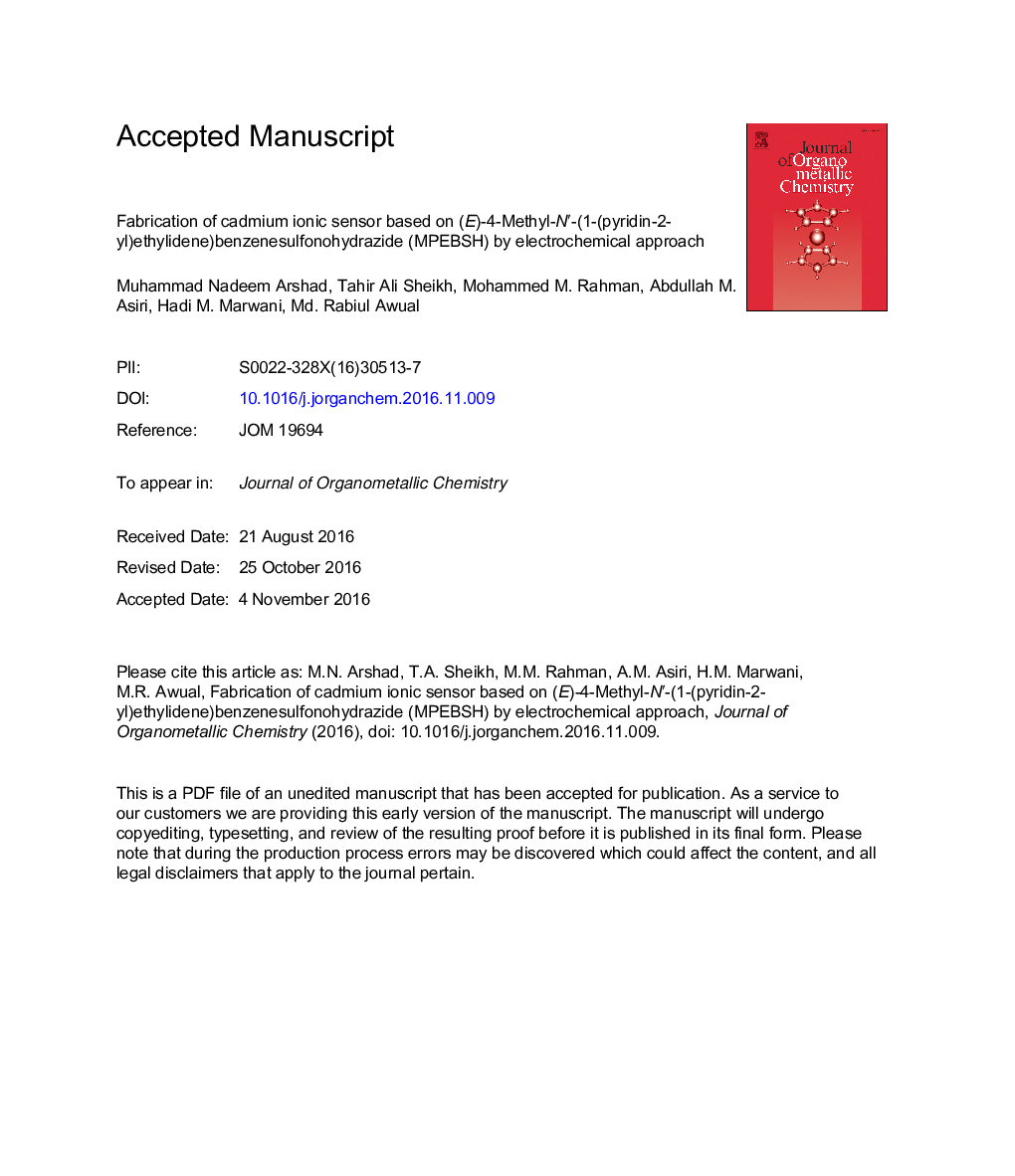Fabrication of cadmium ionic sensor based on (E)-4-Methyl-Nâ²-(1-(pyridin-2-yl)ethylidene)benzenesulfonohydrazide (MPEBSH) by electrochemical approach