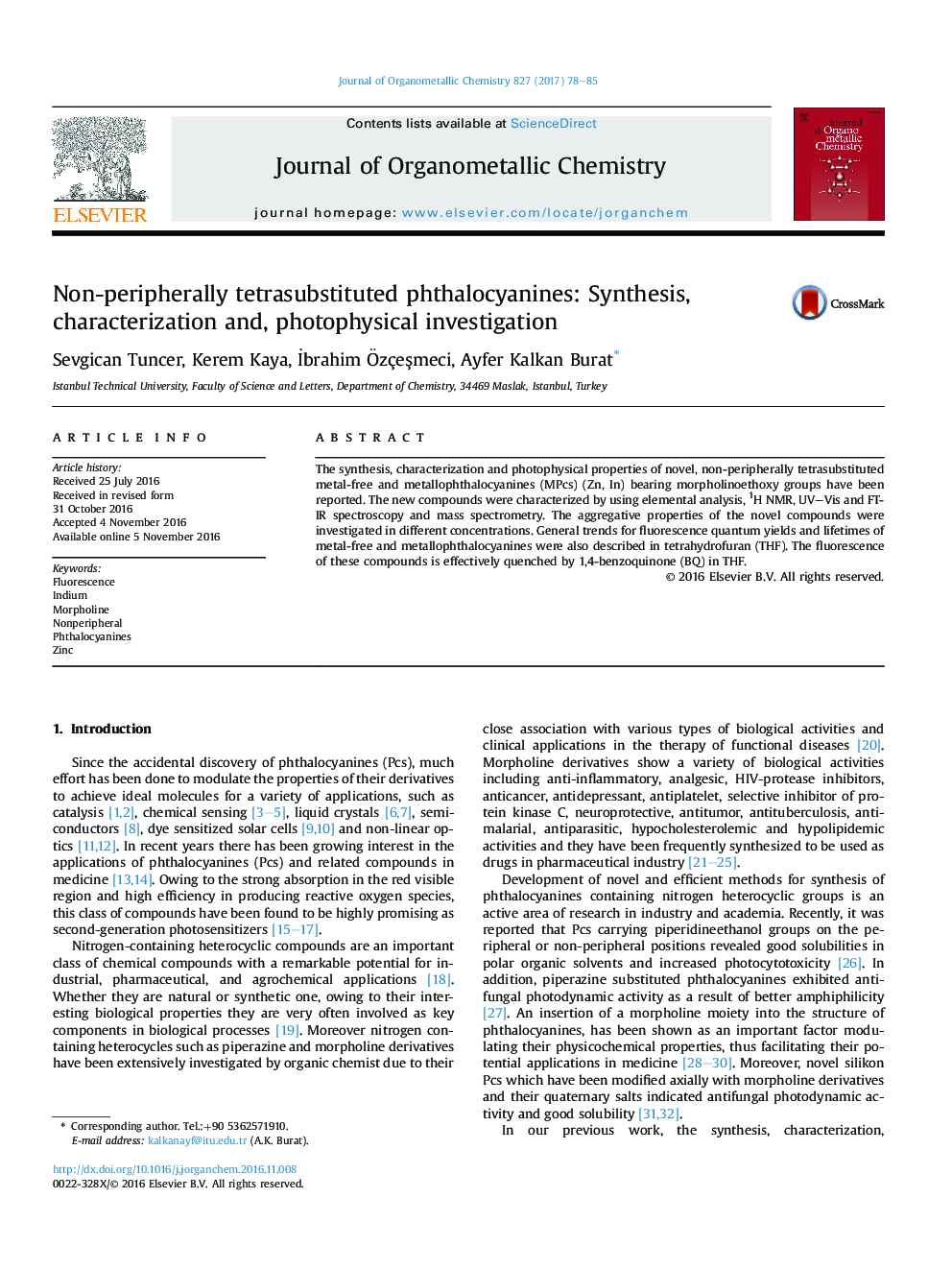 Non-peripherally tetrasubstituted phthalocyanines: Synthesis, characterization and, photophysical investigation