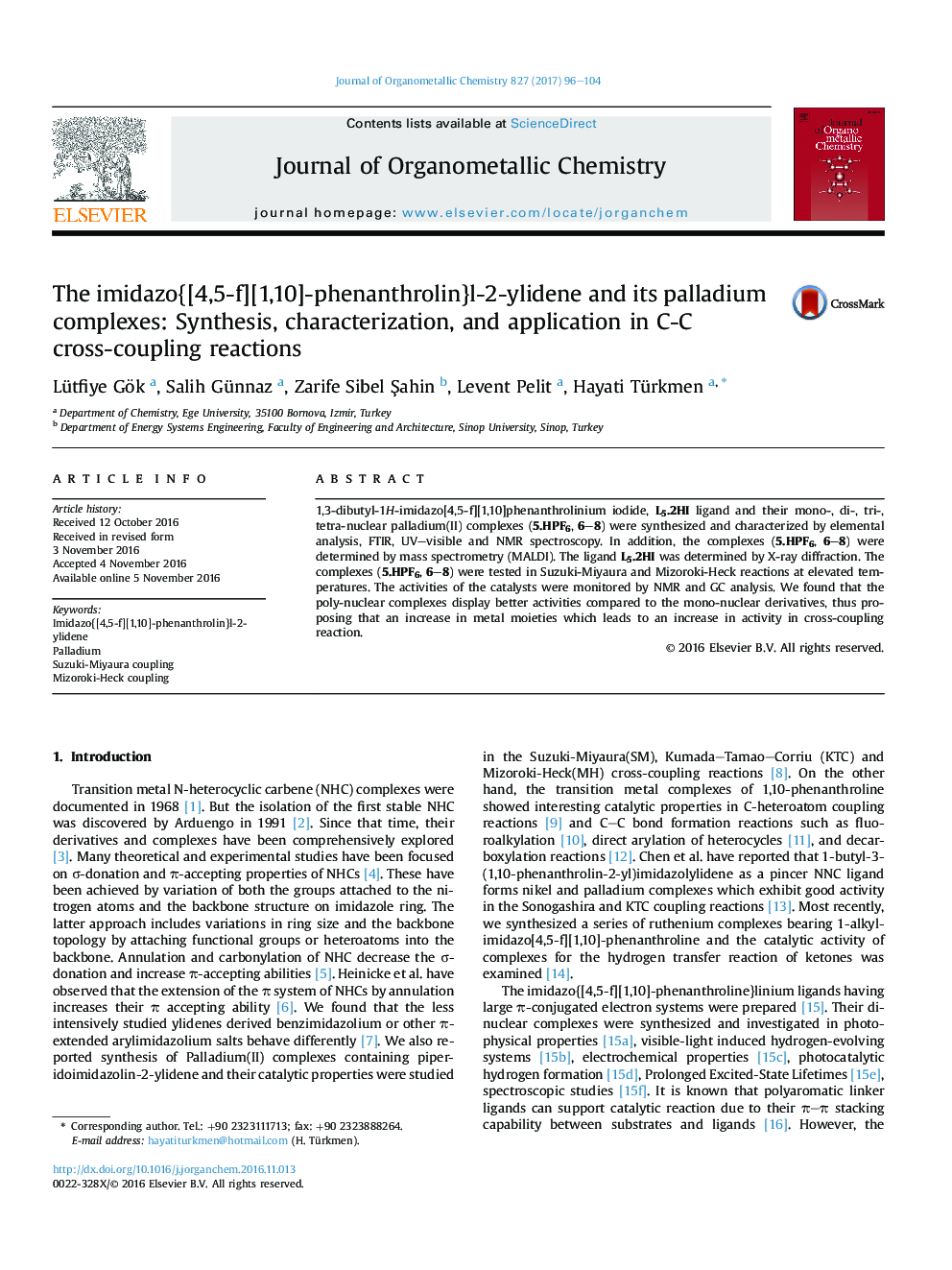 The imidazo{[4,5-f][1,10]-phenanthrolin}l-2-ylidene and its palladium complexes: Synthesis, characterization, and application in C-C cross-coupling reactions