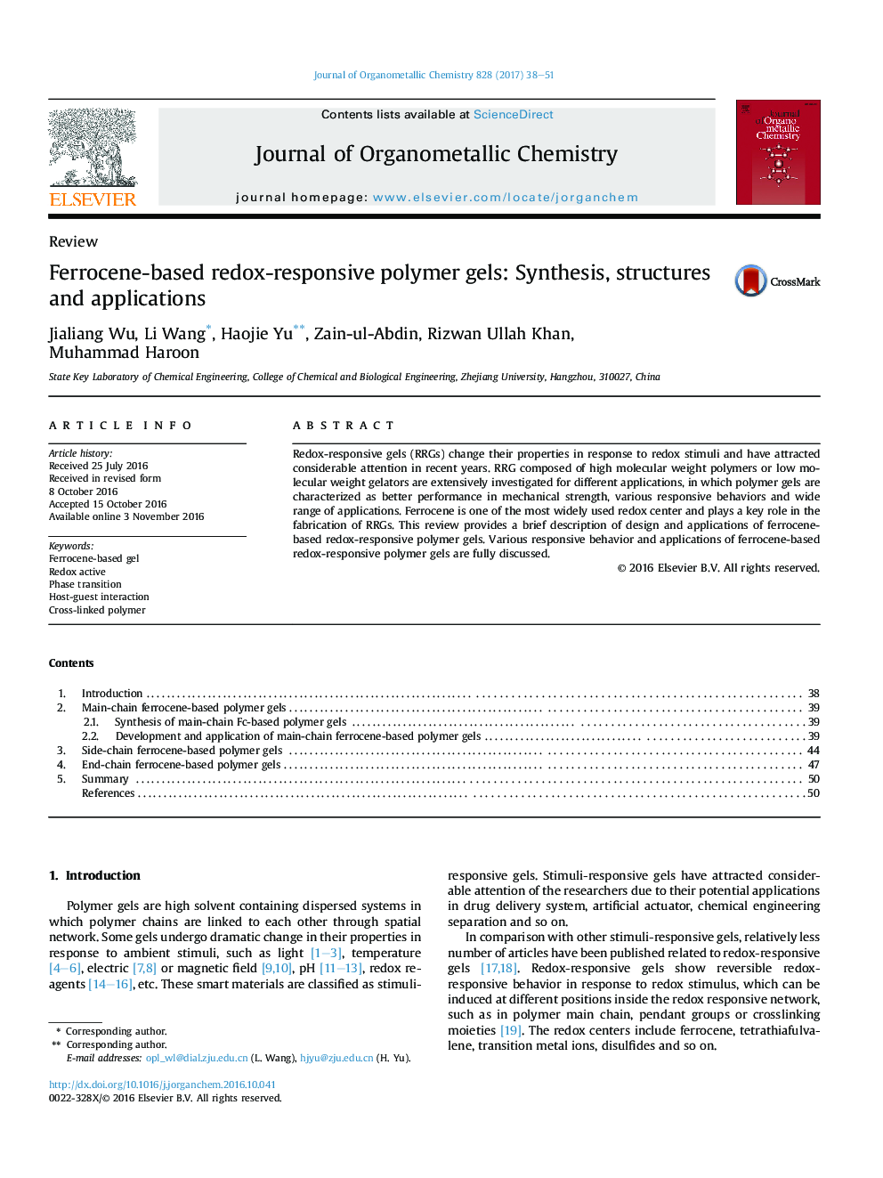 Ferrocene-based redox-responsive polymer gels: Synthesis, structures and applications