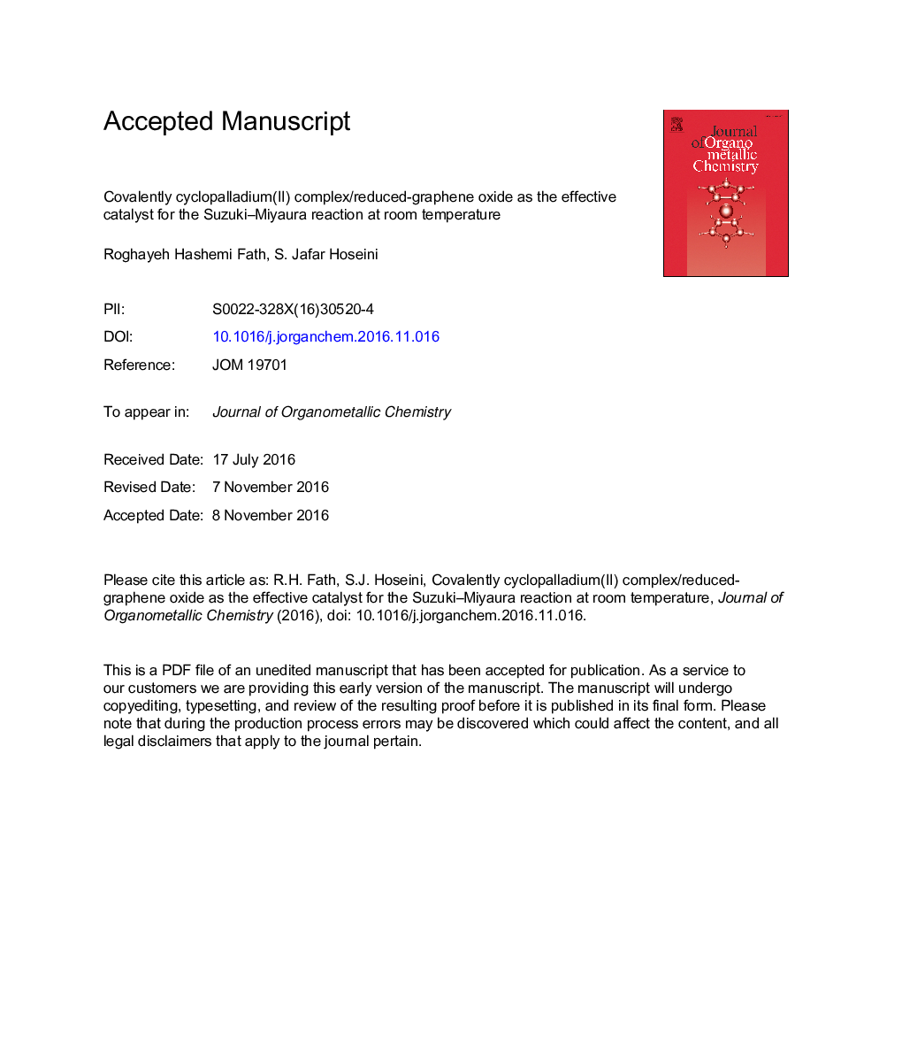 Covalently cyclopalladium(II) complex/reduced-graphene oxide as the effective catalyst for the Suzuki-Miyaura reaction at room temperature