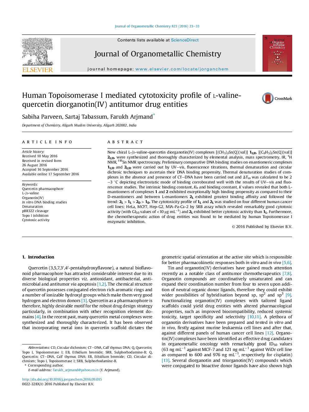 Human Topoisomerase I mediated cytotoxicity profile of l-valine-quercetin diorganotin(IV) antitumor drug entities