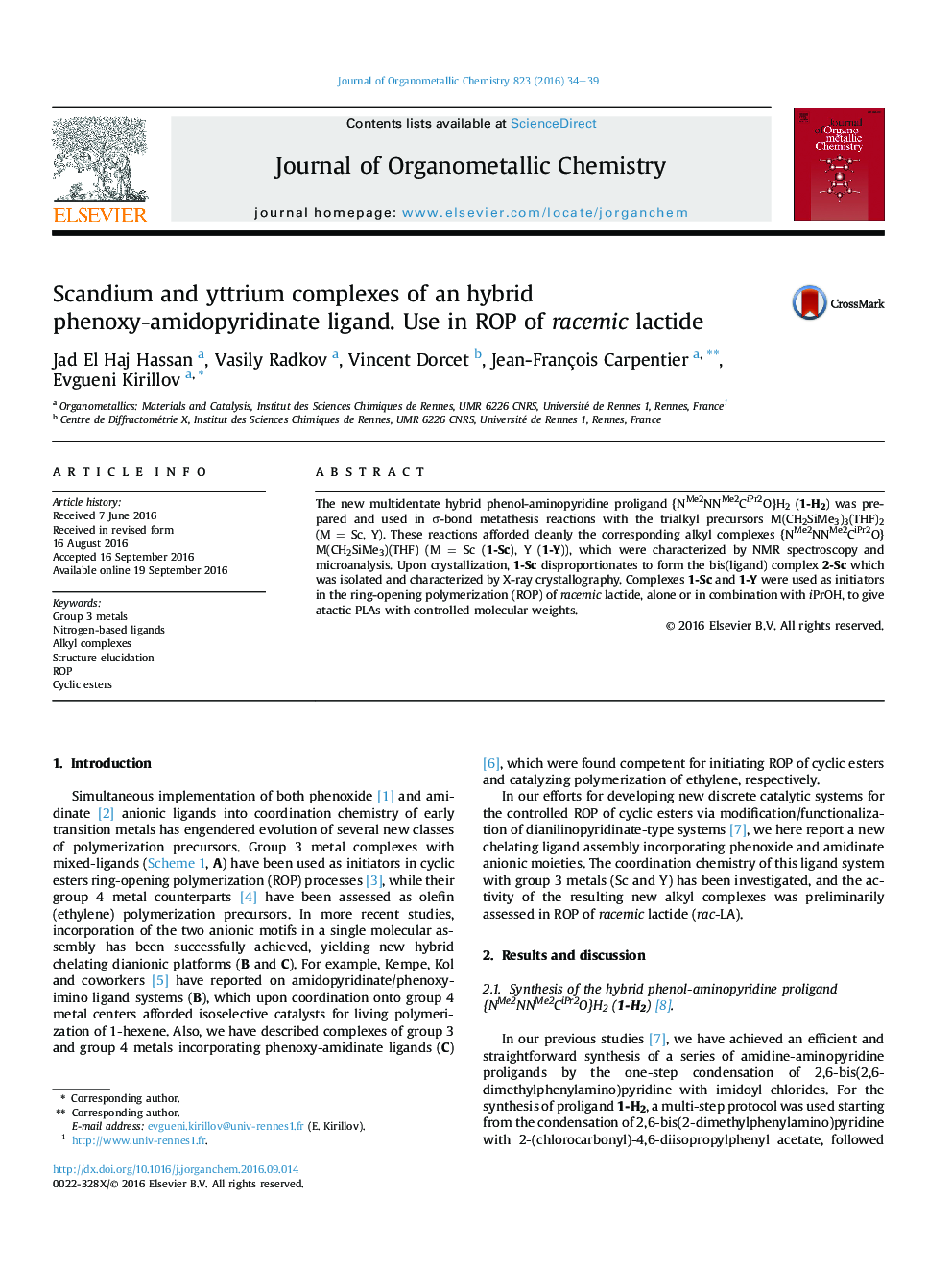 Scandium and yttrium complexes of an hybrid phenoxy-amidopyridinate ligand. Use in ROP of racemic lactide