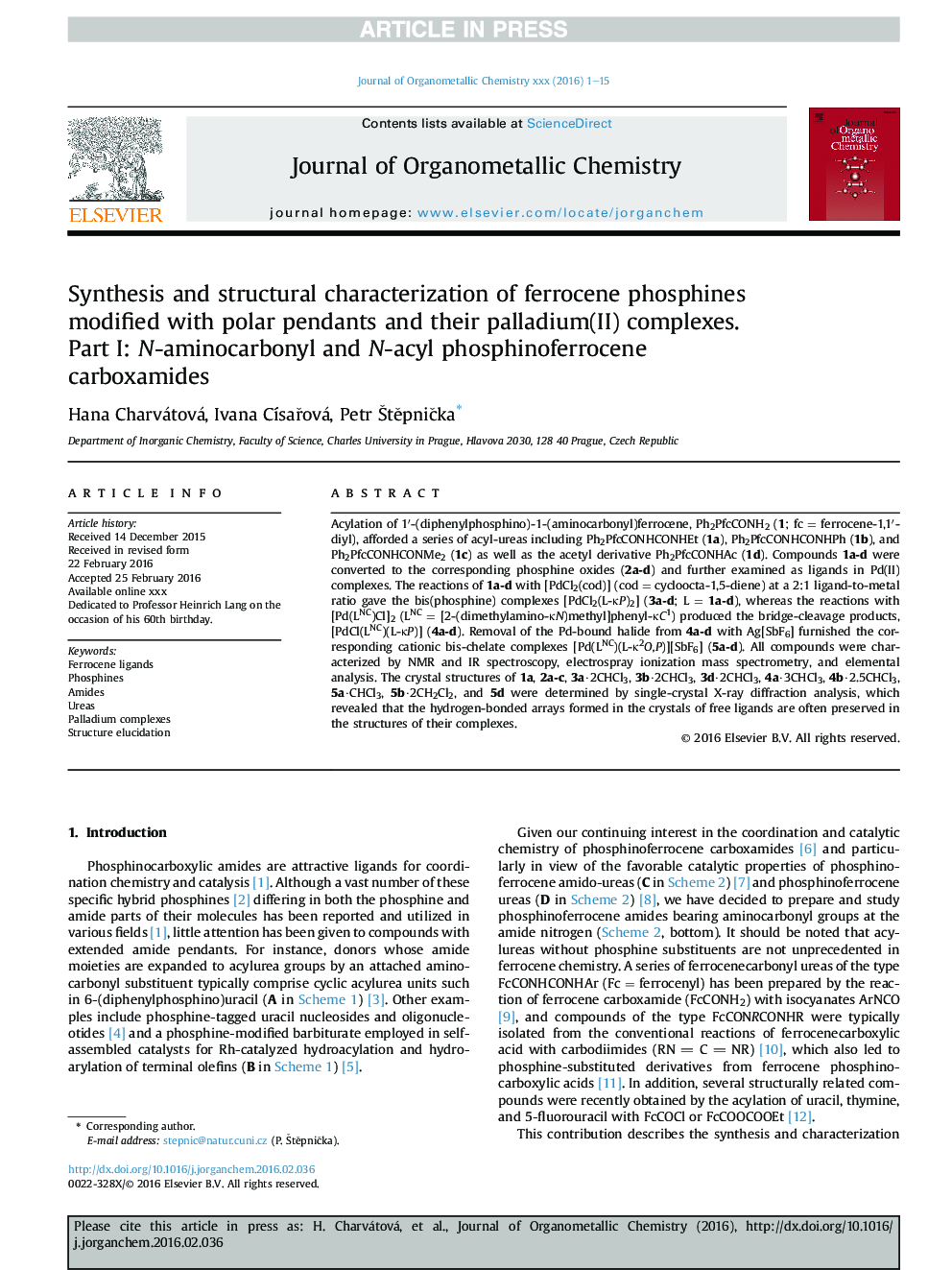 Synthesis and structural characterization of ferrocene phosphines modified with polar pendants and their palladium(II) complexes. Part I: N-aminocarbonyl and N-acyl phosphinoferrocene carboxamides