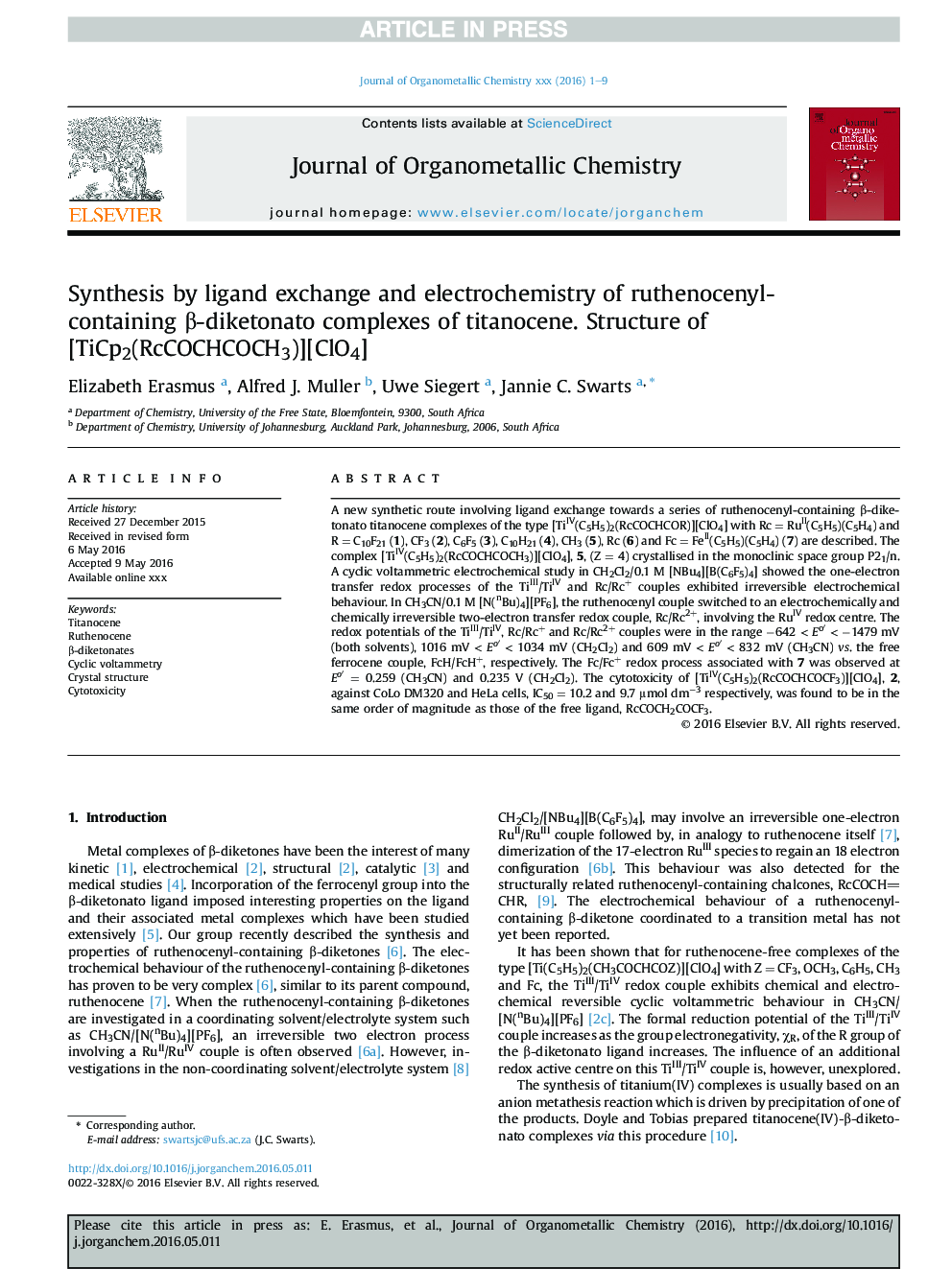 Synthesis by ligand exchange and electrochemistry of ruthenocenyl-containing Î²-diketonato complexes of titanocene. Structure of [TiCp2(RcCOCHCOCH3)][ClO4]