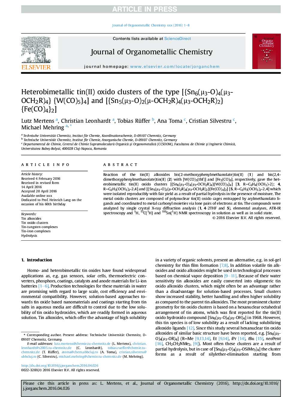 Heterobimetallic tin(II) oxido clusters of the type [{Sn6(Î¼3-O)4(Î¼3-OCH2R)4} {W(CO)5}4] and [{Sn5(Î¼3-O)2(Î¼-OCH2R)4(Î¼3-OCH2R)2}{Fe(CO)4}2]