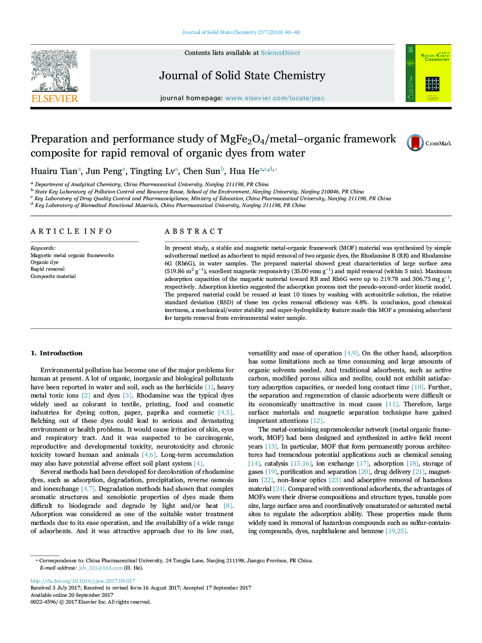 Preparation and performance study of MgFe2O4/metal-organic framework composite for rapid removal of organic dyes from water