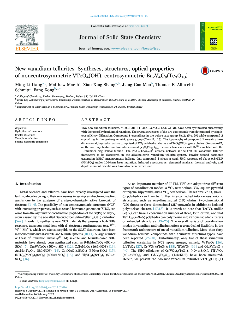 New vanadium tellurites: Syntheses, structures, optical properties of noncentrosymmetric VTeO4(OH), centrosymmetric Ba2V4O8(Te3O10)