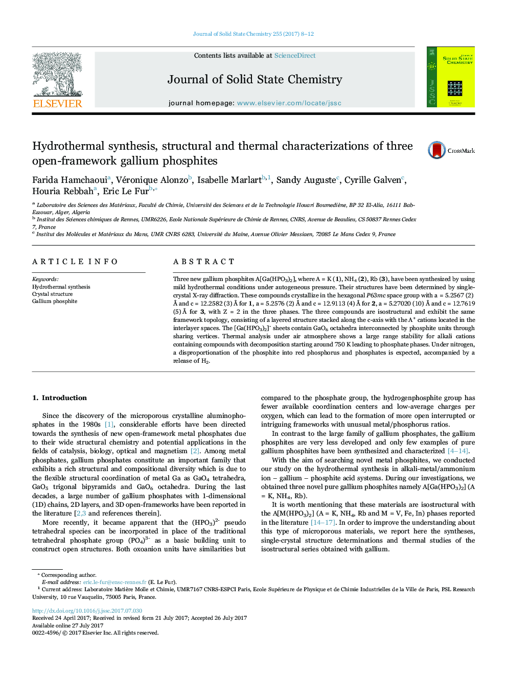 Hydrothermal synthesis, structural and thermal characterizations of three open-framework gallium phosphites