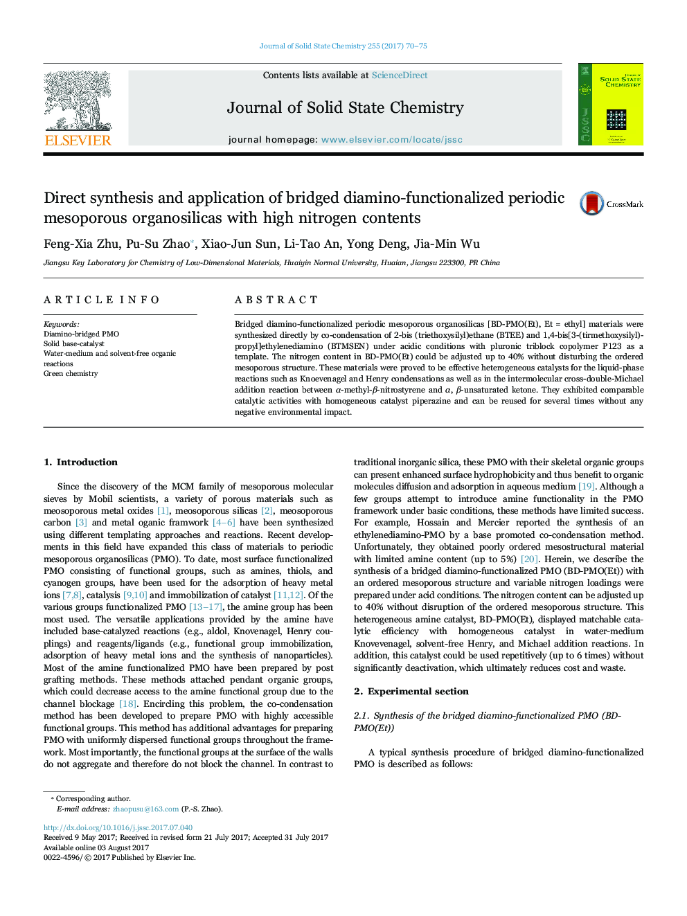 Direct synthesis and application of bridged diamino-functionalized periodic mesoporous organosilicas with high nitrogen contents