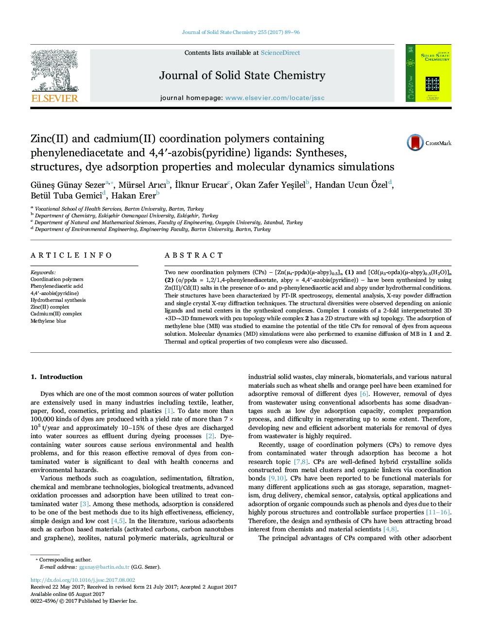 Zinc(II) and cadmium(II) coordination polymers containing phenylenediacetate and 4,4â²-azobis(pyridine) ligands: Syntheses, structures, dye adsorption properties and molecular dynamics simulations