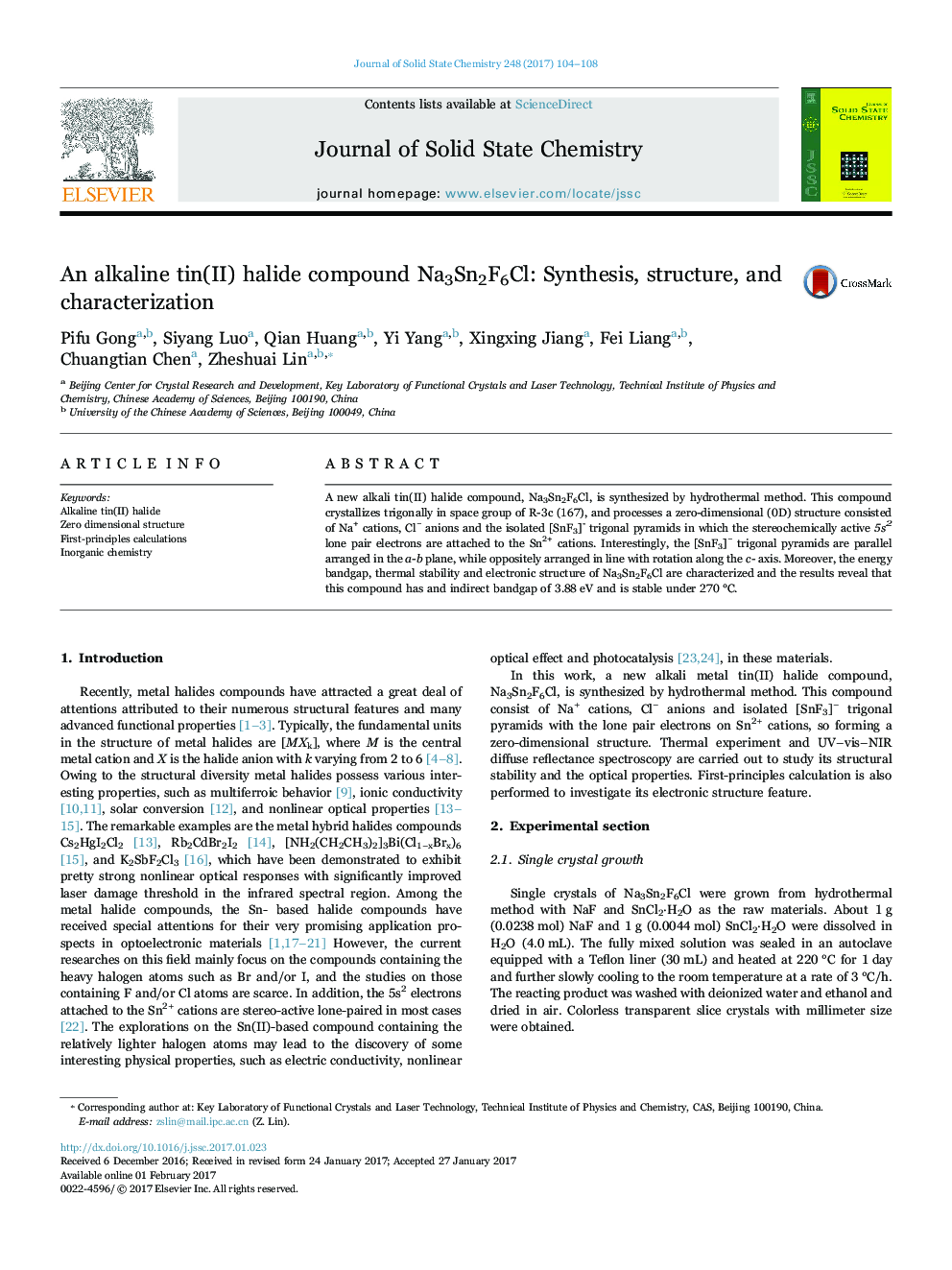 An alkaline tin(II) halide compound Na3Sn2F6Cl: Synthesis, structure, and characterization