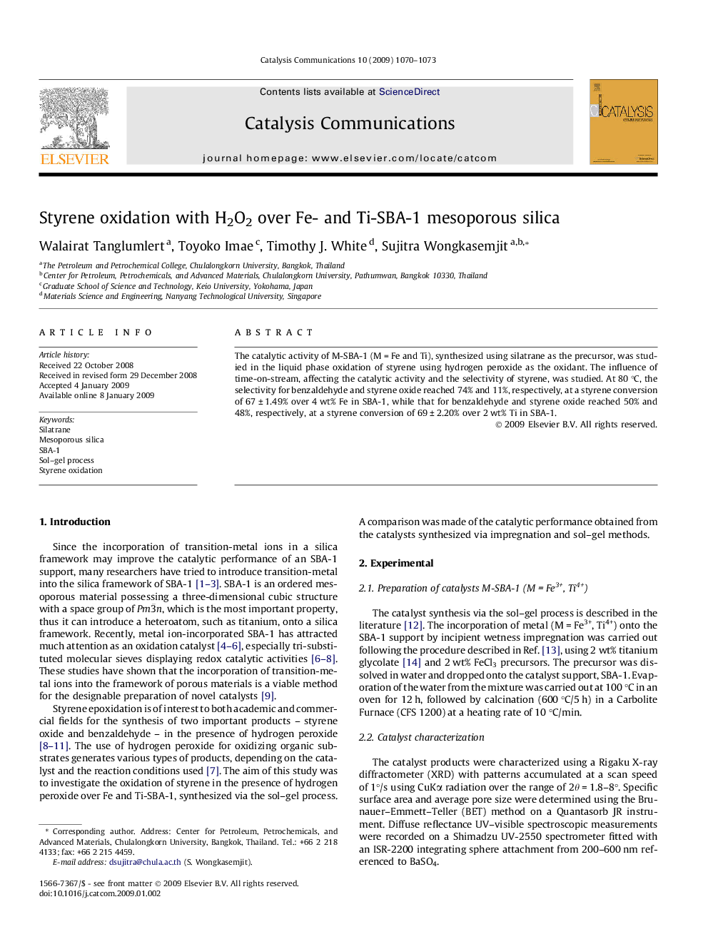 Styrene oxidation with H2O2 over Fe- and Ti-SBA-1 mesoporous silica