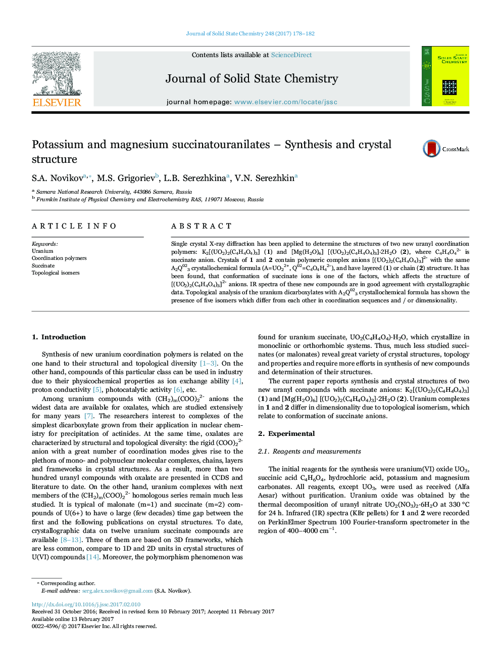 Potassium and magnesium succinatouranilates - Synthesis and crystal structure