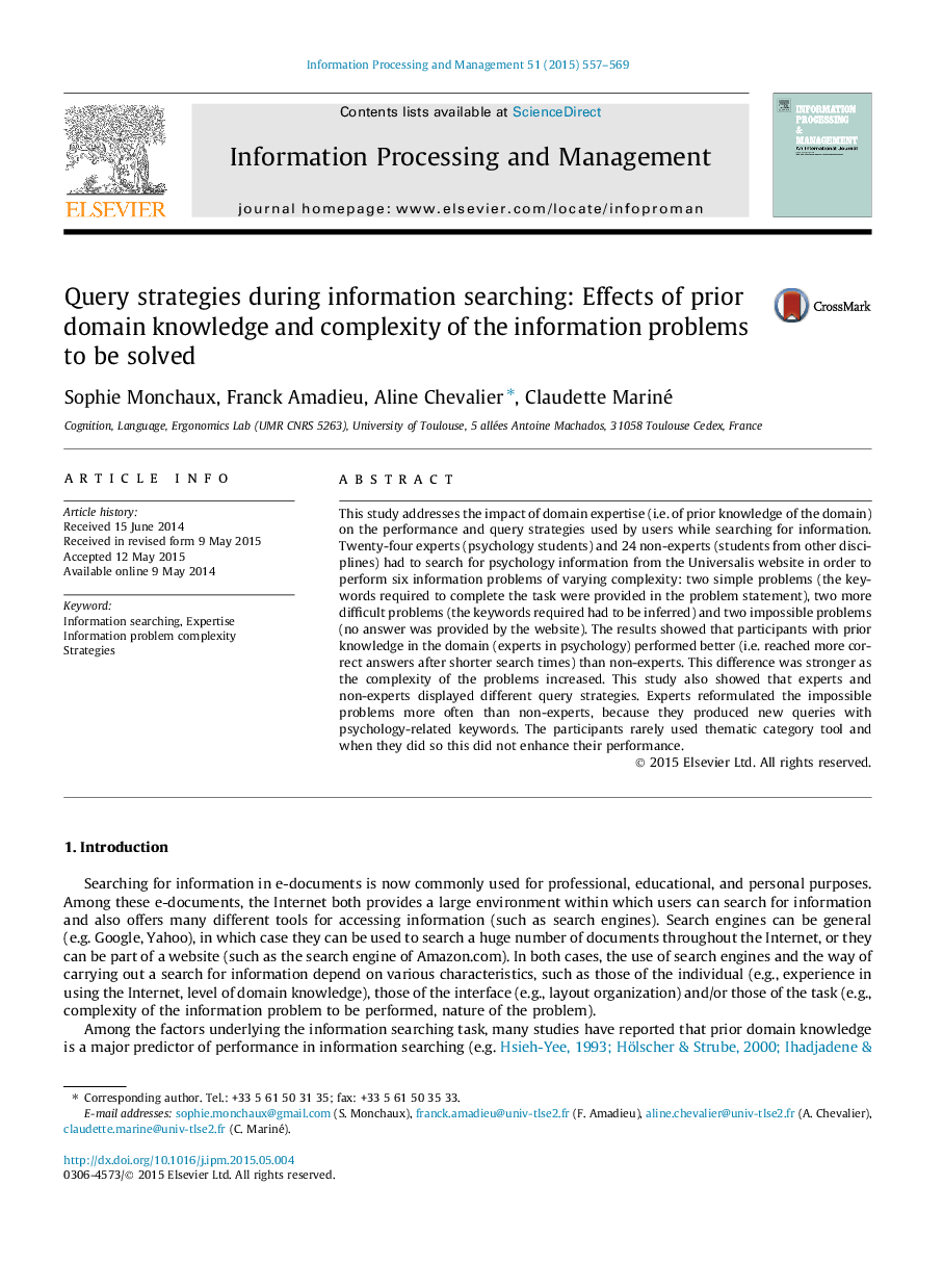 Query strategies during information searching: Effects of prior domain knowledge and complexity of the information problems to be solved