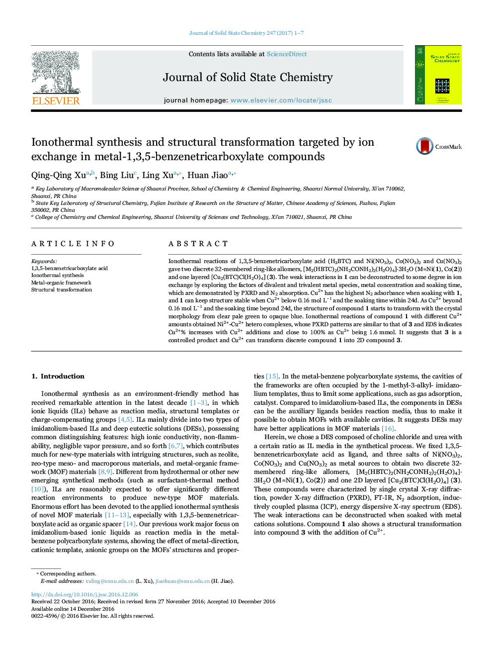 Ionothermal synthesis and structural transformation targeted by ion exchange in metal-1,3,5-benzenetricarboxylate compounds