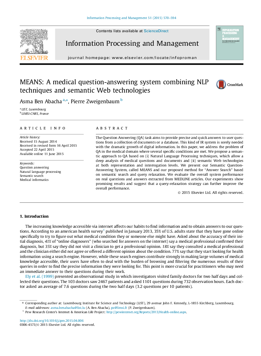 MEANS: A medical question-answering system combining NLP techniques and semantic Web technologies