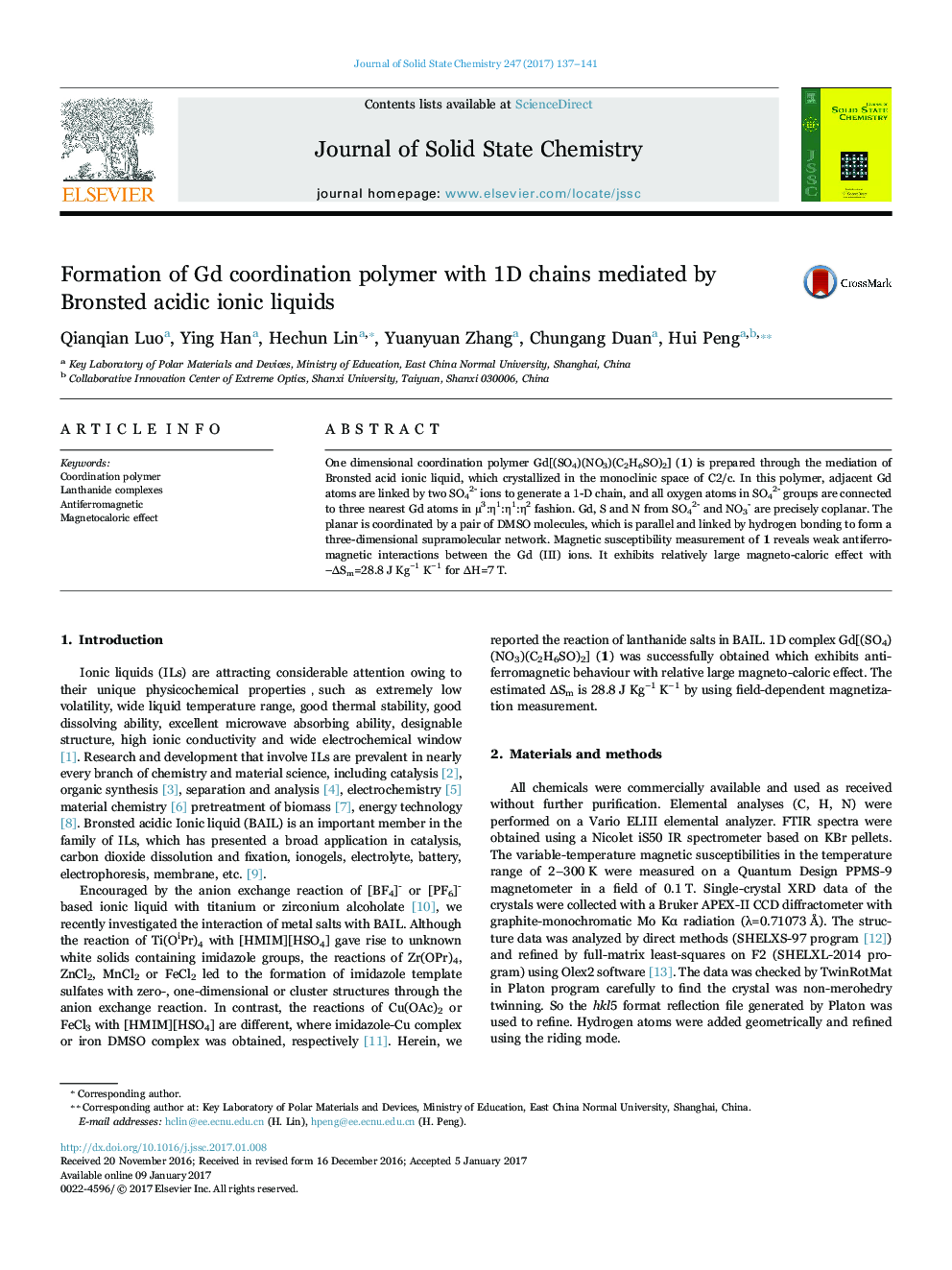 Formation of Gd coordination polymer with 1D chains mediated by Bronsted acidic ionic liquids