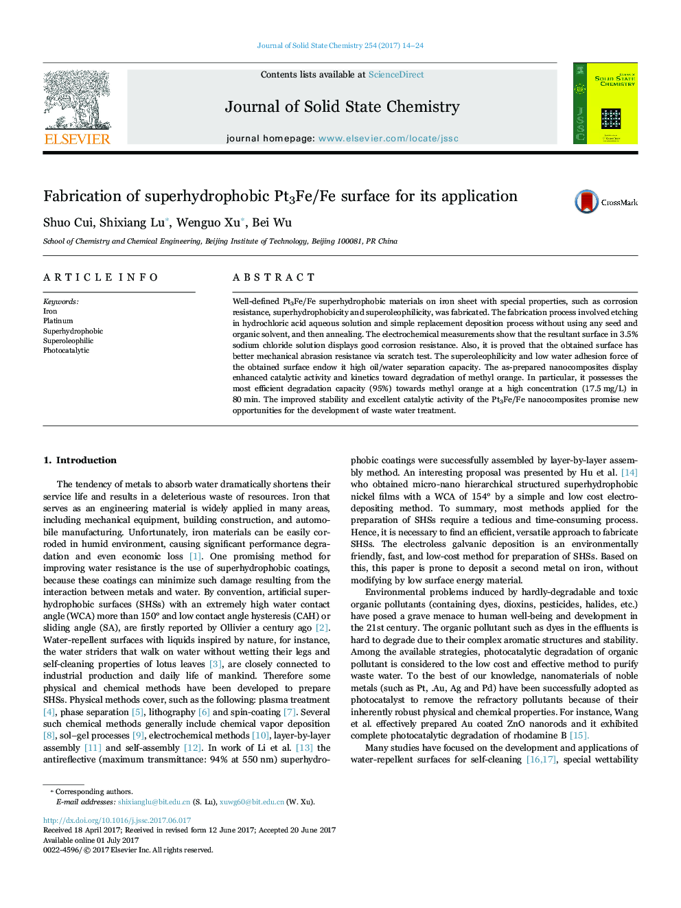 Fabrication of superhydrophobic Pt3Fe/Fe surface for its application