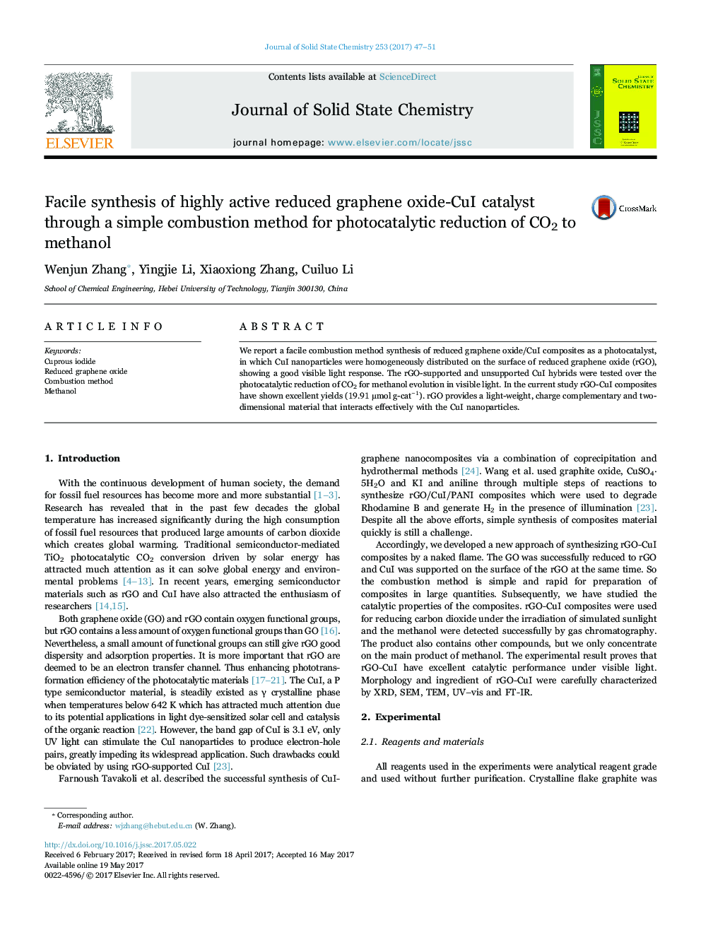 Facile synthesis of highly active reduced graphene oxide-CuI catalyst through a simple combustion method for photocatalytic reduction of CO2 to methanol