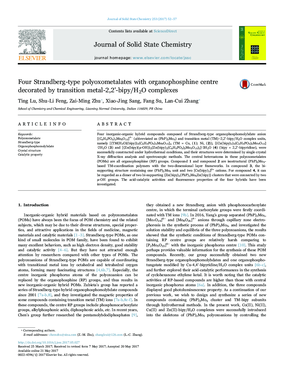 Four Strandberg-type polyoxometalates with organophosphine centre decorated by transition metal-2,2'-bipy/H2O complexes