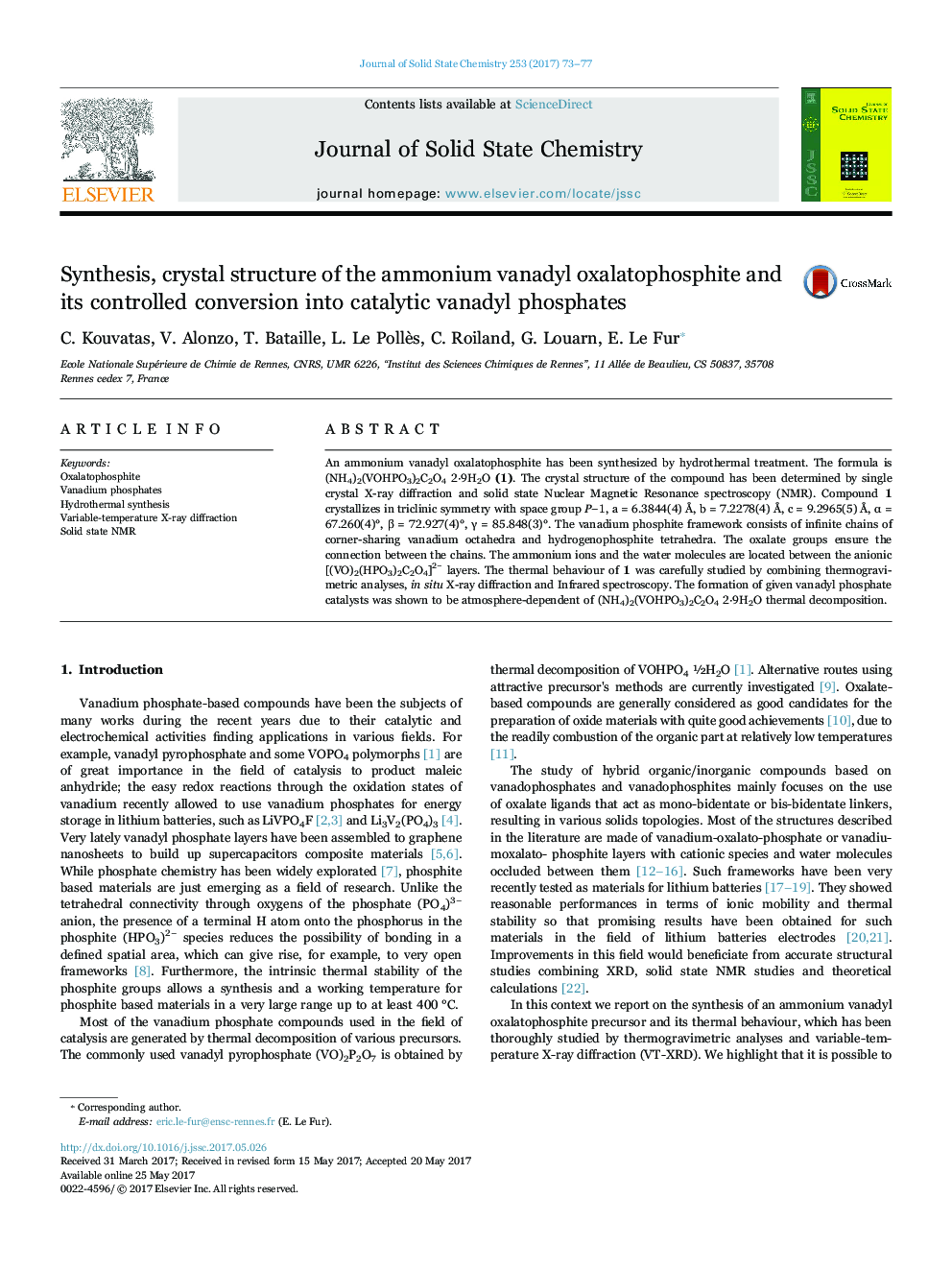 Synthesis, crystal structure of the ammonium vanadyl oxalatophosphite and its controlled conversion into catalytic vanadyl phosphates