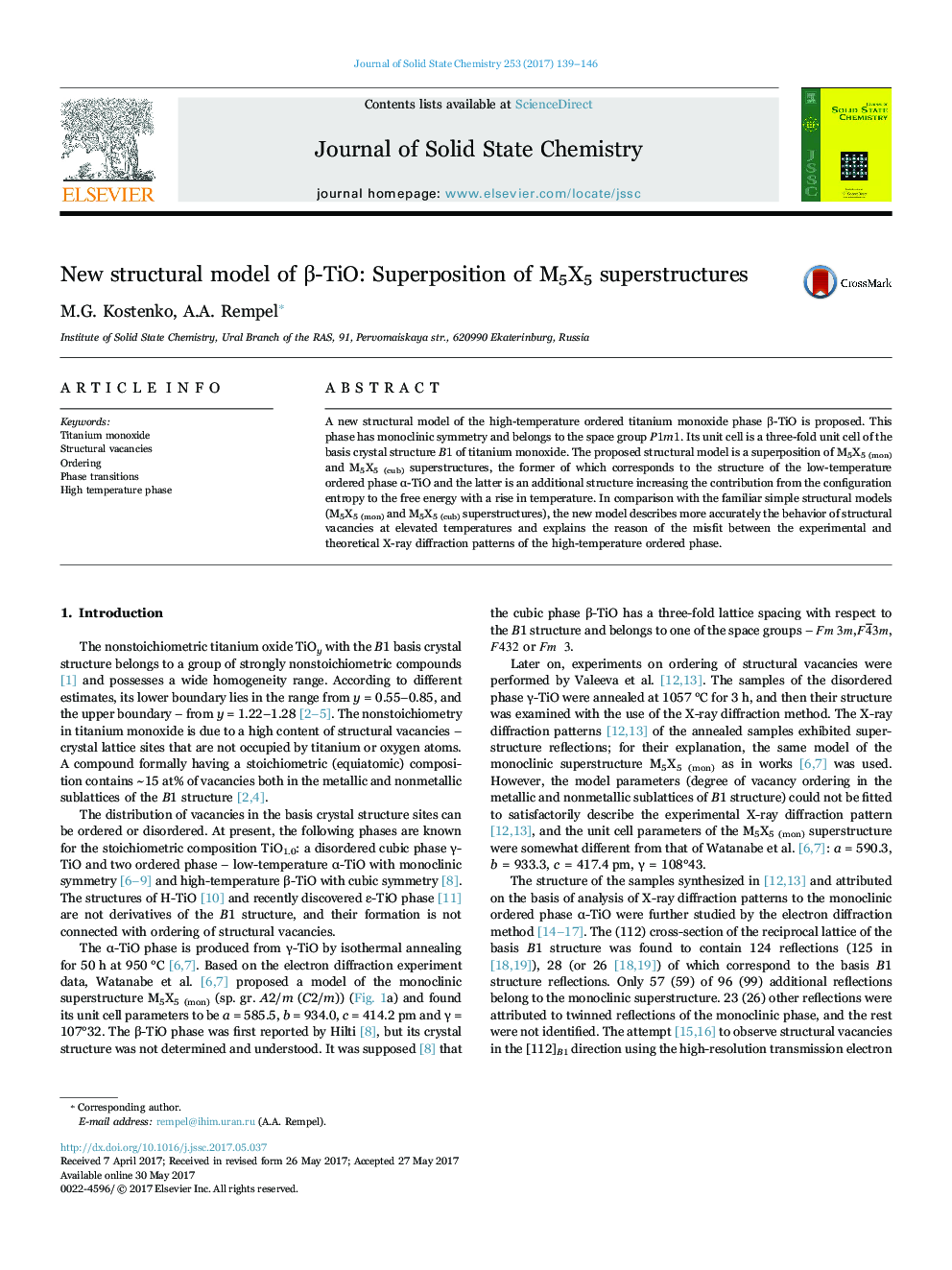 عکس صفحه اول مقاله: New structural model of β-TiO: Superposition of M5X5 superstructures New structural model of β-TiO: Superposition of M5X5 superstructures
