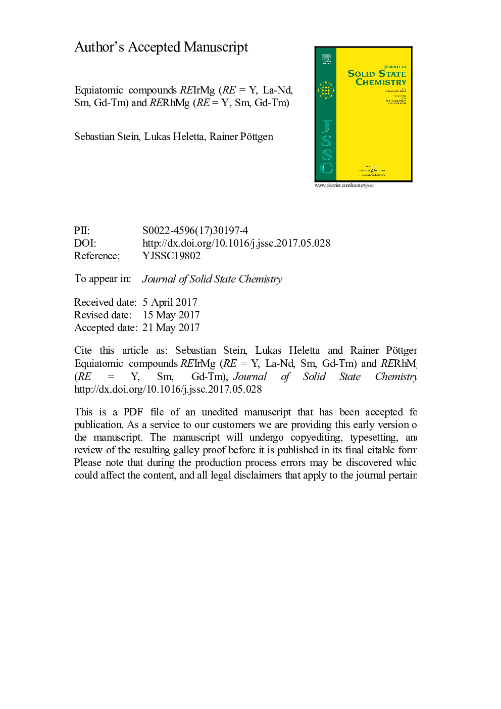 Equiatomic compounds REIrMg (RE = Y, La-Nd, Sm, Gd-Tm) and RERhMg (RE = Y, Sm, Gd-Tm)