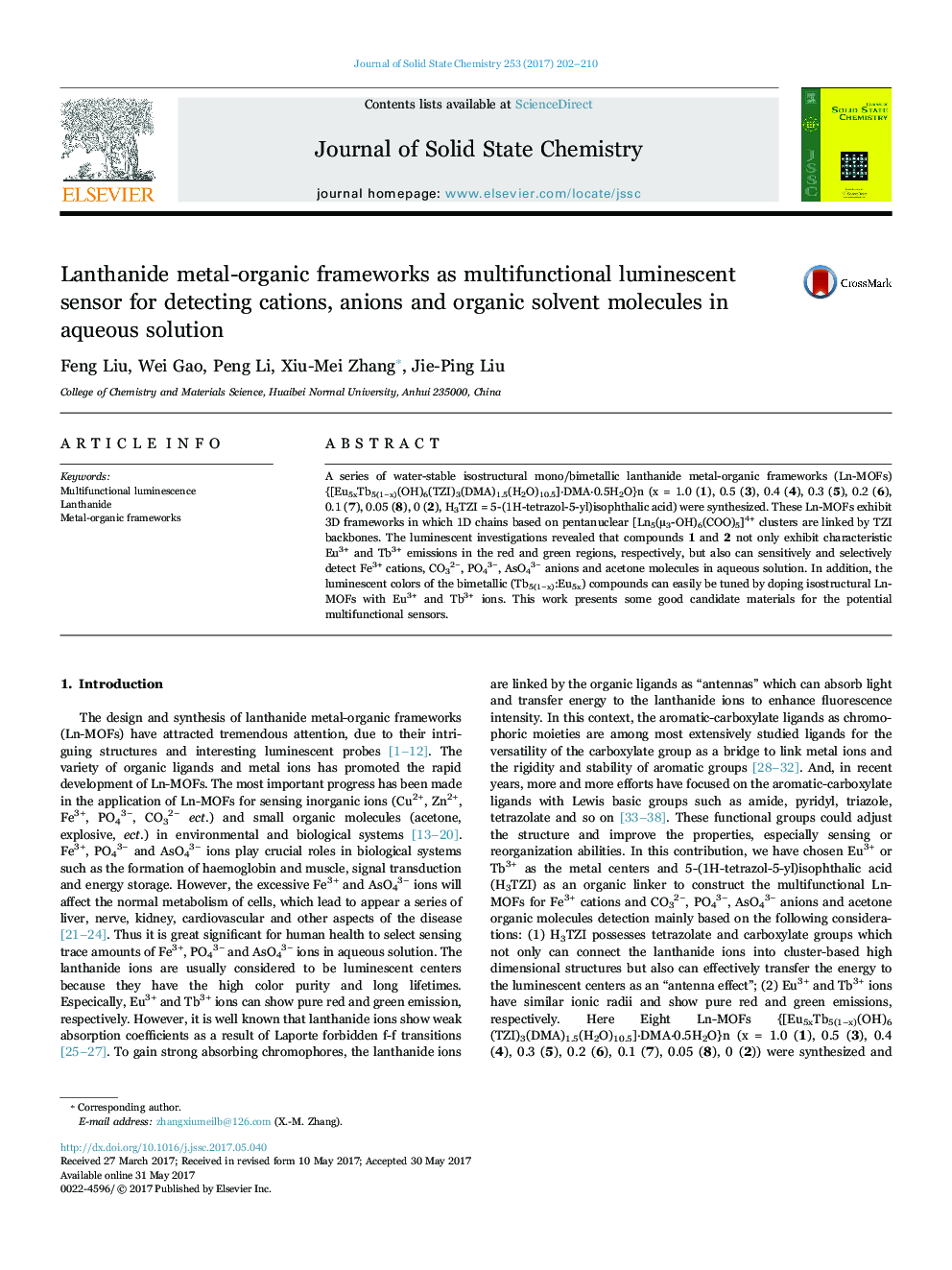 Lanthanide metal-organic frameworks as multifunctional luminescent sensor for detecting cations, anions and organic solvent molecules in aqueous solution