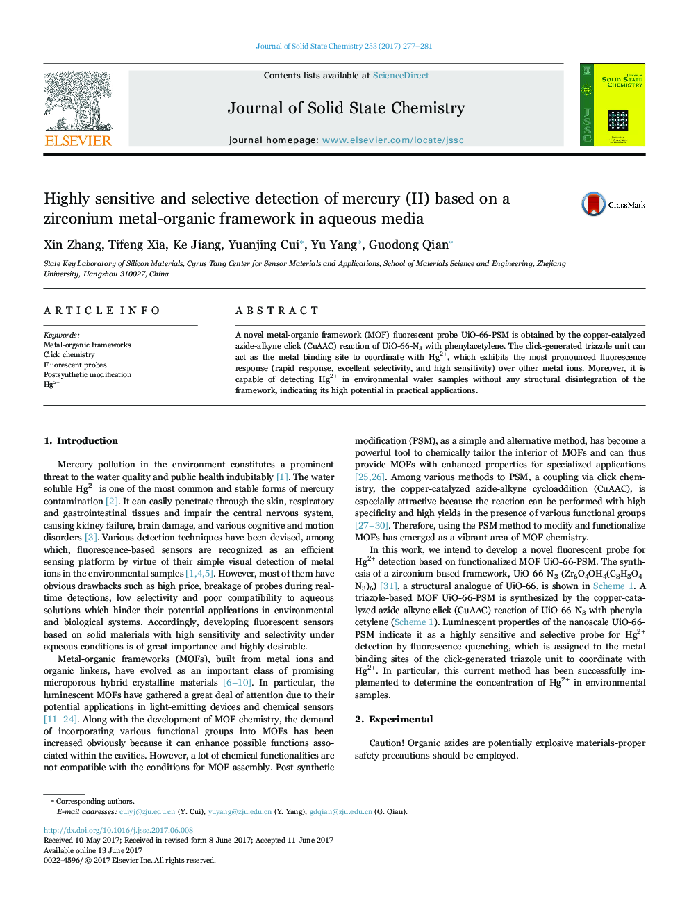 Highly sensitive and selective detection of mercury (II) based on a zirconium metal-organic framework in aqueous media