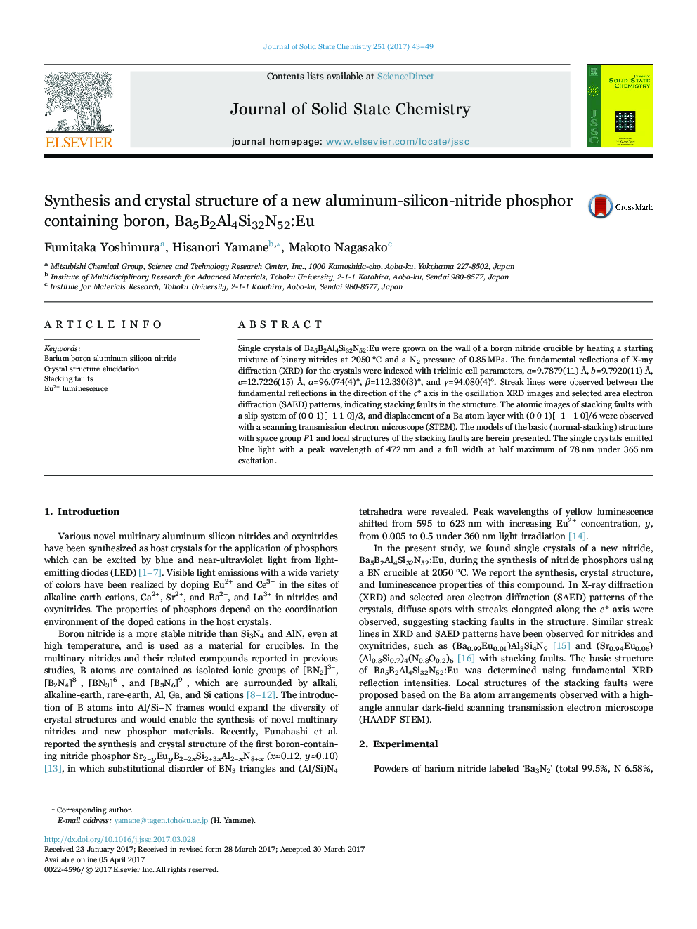 Synthesis and crystal structure of a new aluminum-silicon-nitride phosphor containing boron, Ba5B2Al4Si32N52:Eu