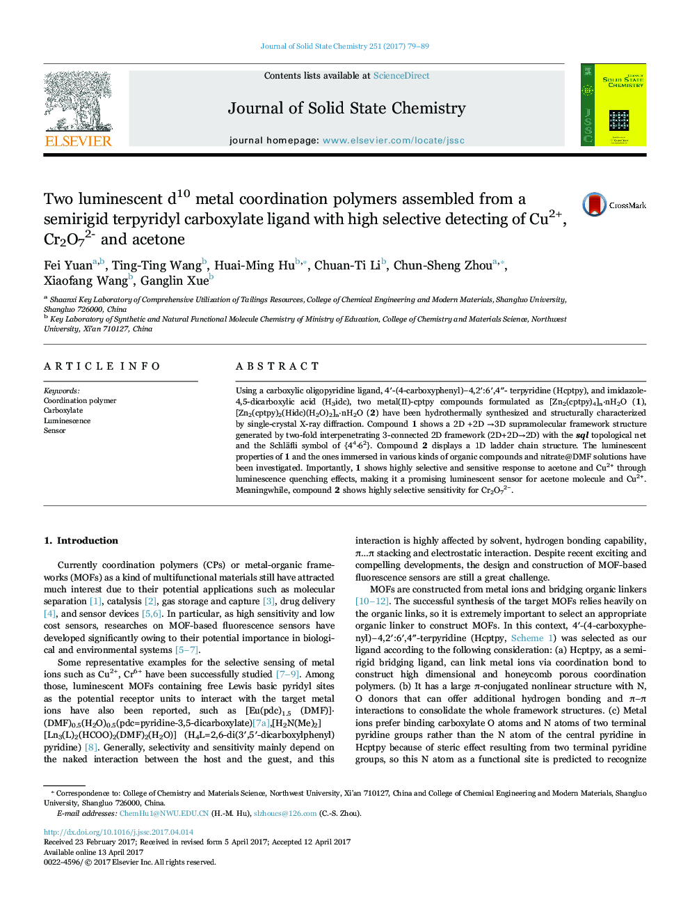 Two luminescent d10 metal coordination polymers assembled from a semirigid terpyridyl carboxylate ligand with high selective detecting of Cu2+, Cr2O72- and acetone