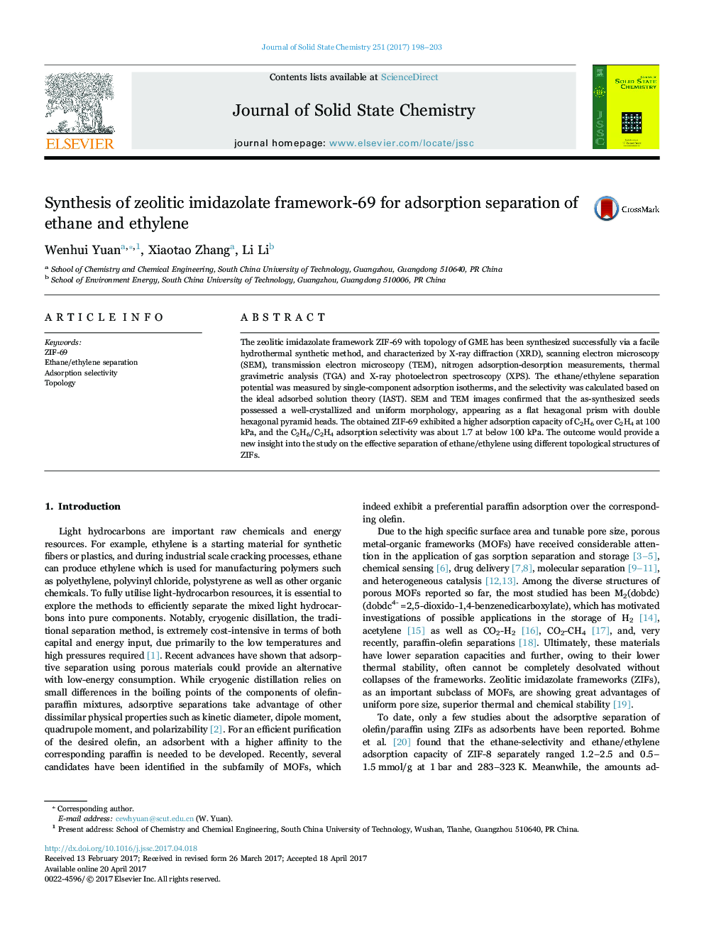 Synthesis of zeolitic imidazolate framework-69 for adsorption separation of ethane and ethylene