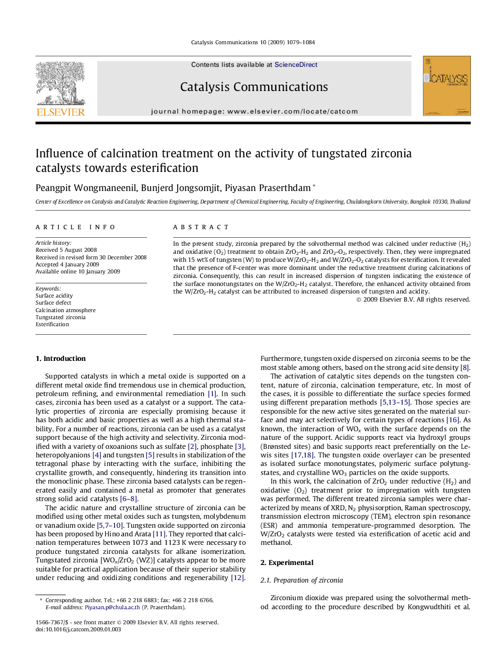 Influence of calcination treatment on the activity of tungstated zirconia catalysts towards esterification