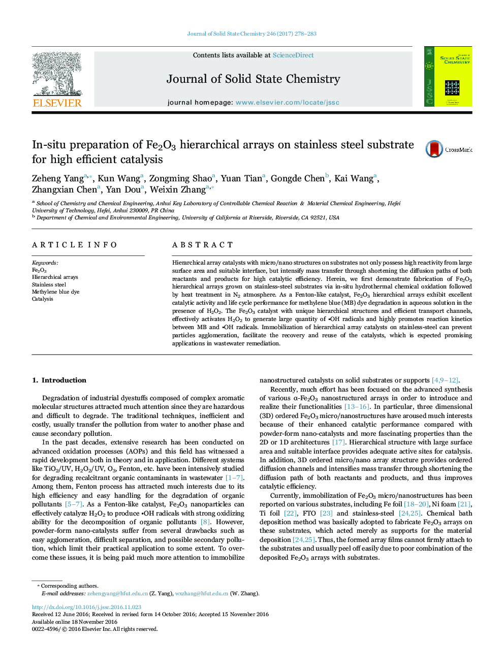 In-situ preparation of Fe2O3 hierarchical arrays on stainless steel substrate for high efficient catalysis